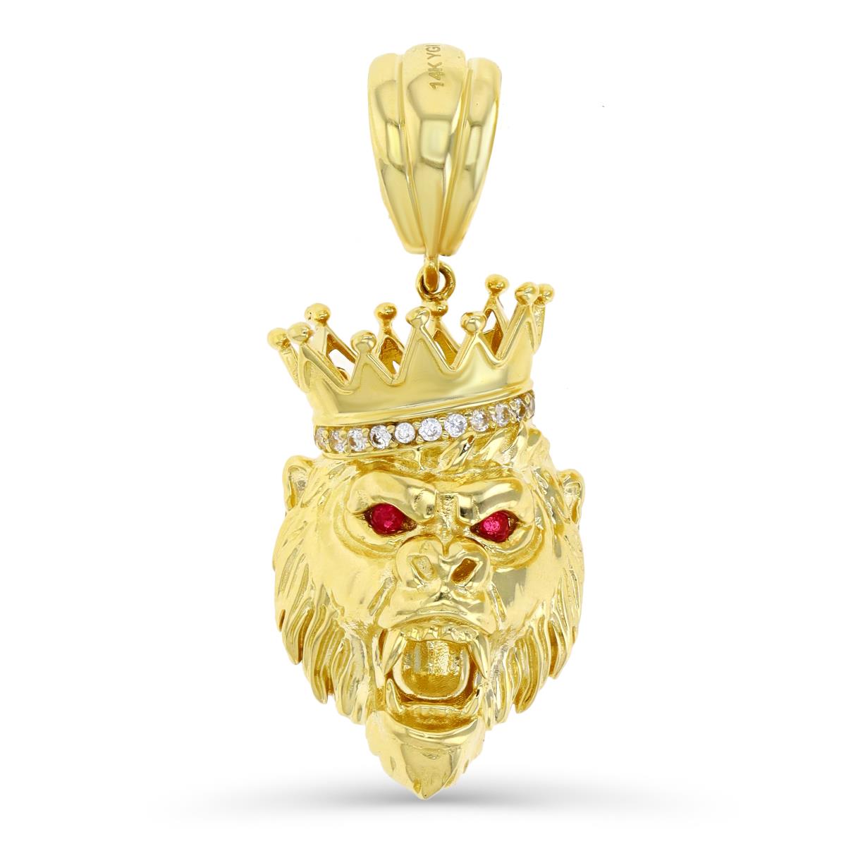 10K Gold Yellow 43X17MM White CZ & Cr Ruby King Lion Head Pendant