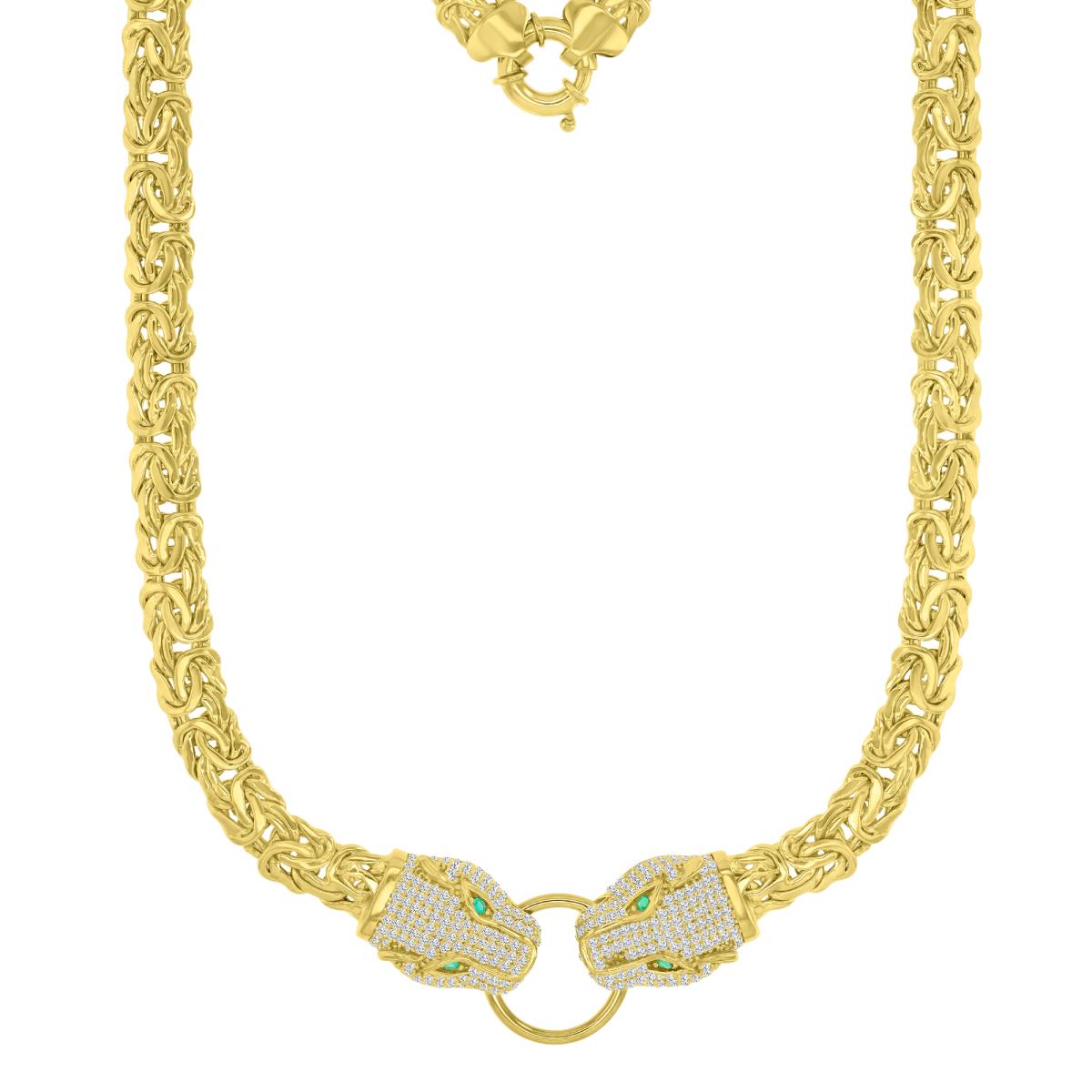 14K Gold Yellow 7MM White CZ & Green Panther Byzantine 18'' Necklace