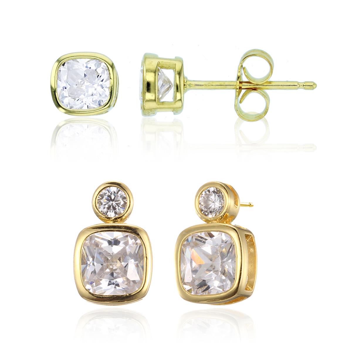 Sterling Silver Yellow 11.7X7.2;6MM Rd & Cushion White CZ Bezel Stud Earring Set