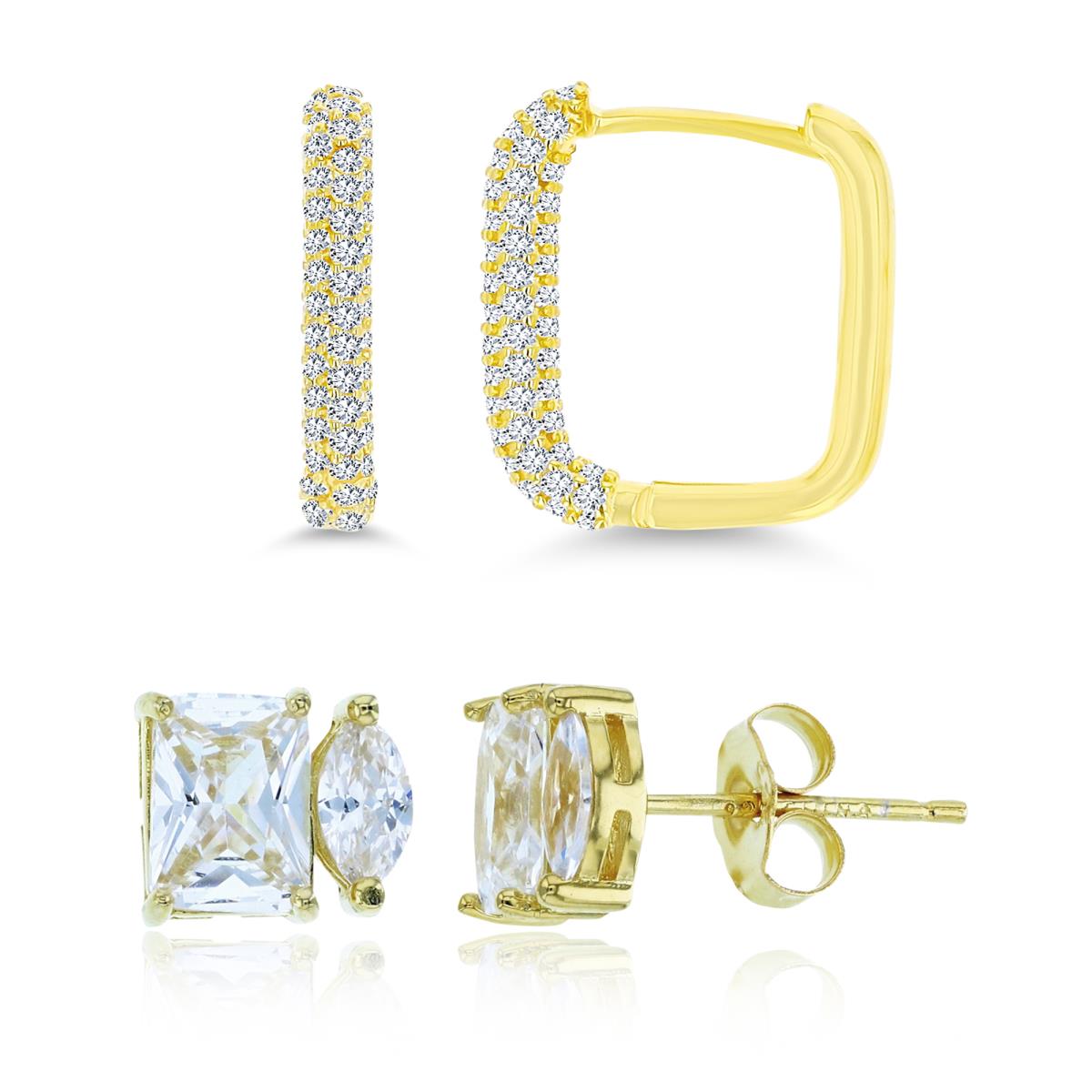 Sterling Silver Yellow 15X2.30;8.5X7 White CZ Pave Squared Hoop & Stud Earring Set