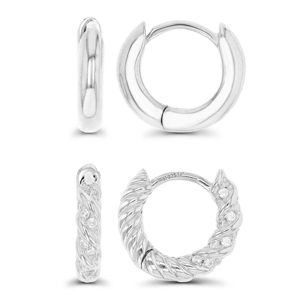 Sterling Silver Rhodium 12.5X2.3;10X10 Twisted White CZ & Metal Polished Huggie Earring Set