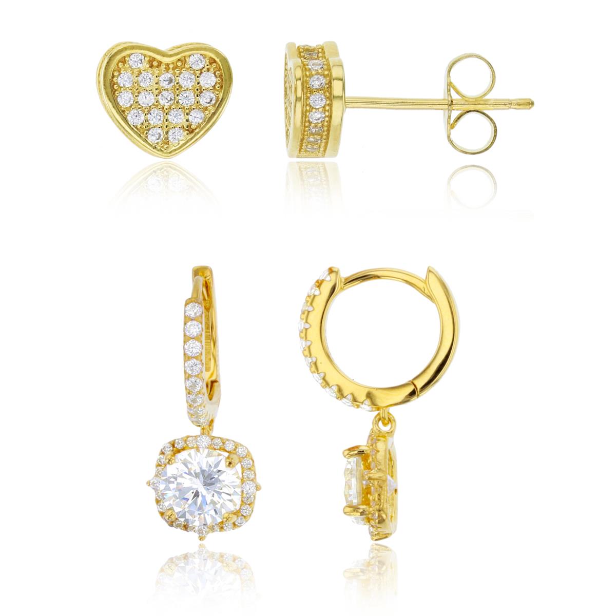 Sterling Silver Yellow 24X10;7X8  3-Row Micropave CZ Huggie & 3D Heart Stud Earring Set