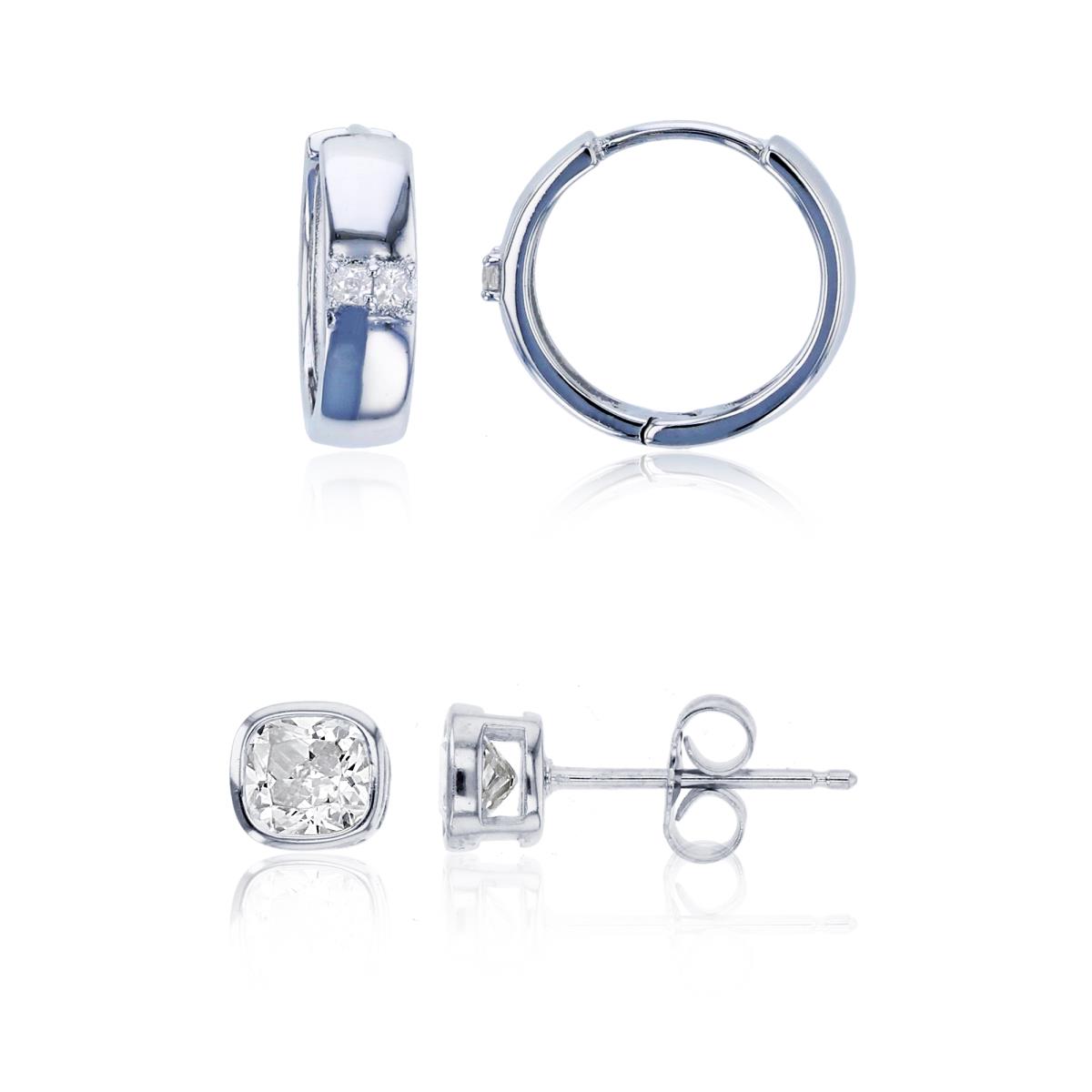 Sterling Silver Rhodium 15X4;6MM Princess White CZ Huggie & Bezel Stud Earrings Set