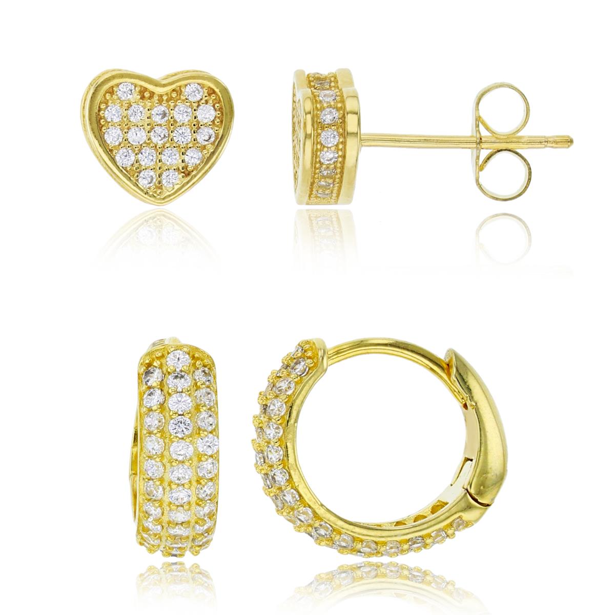 Sterling Silver Yellow 7X8;13X4 3-Row Micropave CZ Huggie & Micropave 3D Heart Stud Earring Set