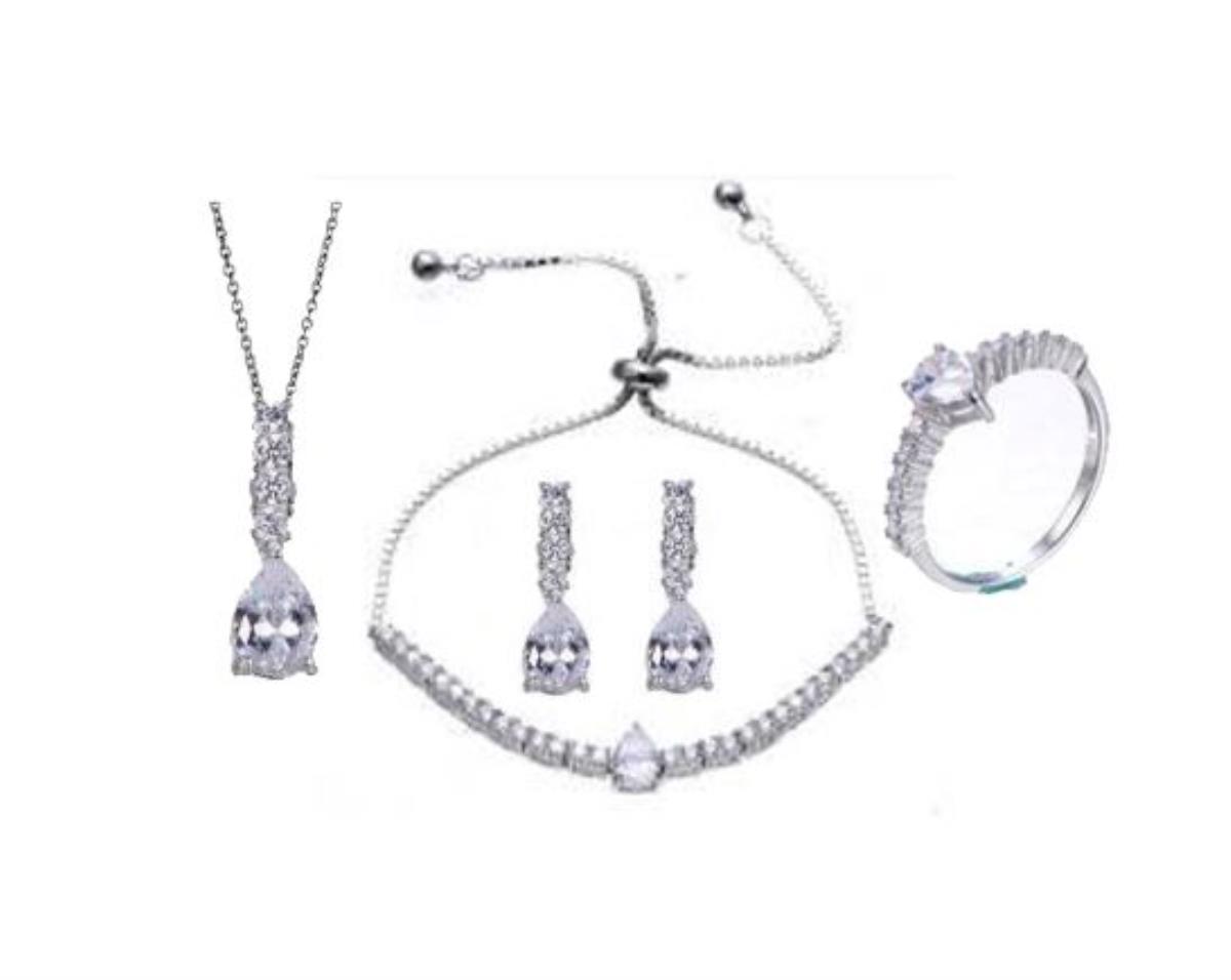 Sterling Silver Rhodium 5x7mm Pear Cut Jewelry Set (Bracelet, Earring, Ring and 18" Necklace)