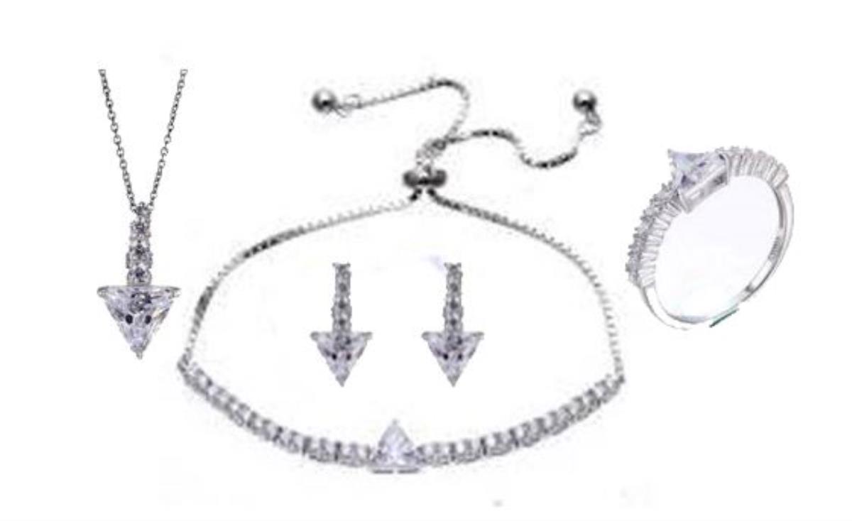Sterling Silver Rhodium 6mm Trillion Cut Jewelry Set (Bracelet, Earring, Ring and 18" Necklace)