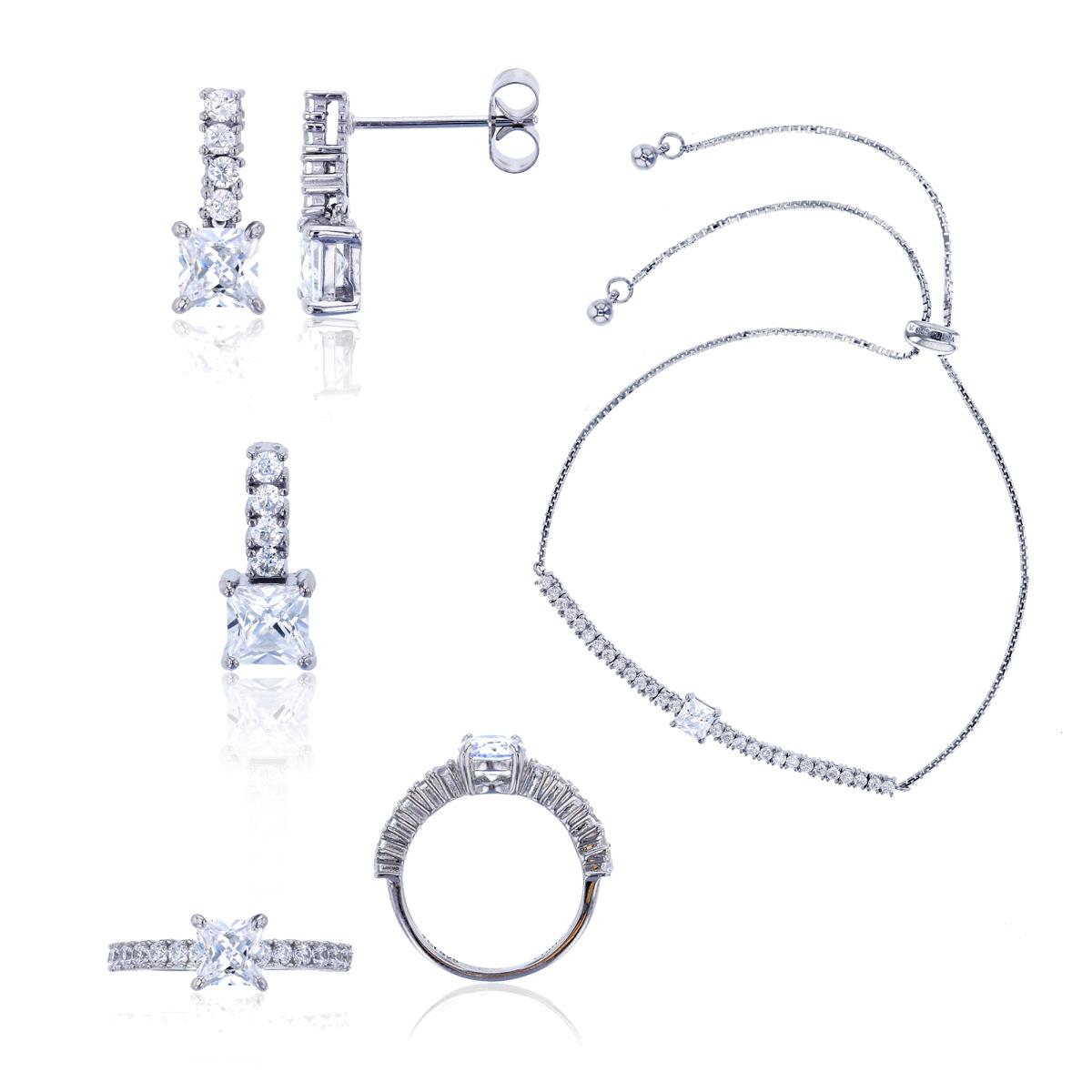 Sterling Silver Rhodium 5mm Princess Cut Jewelry Set (Bracelet, Earring, Ring and 18" Necklace)