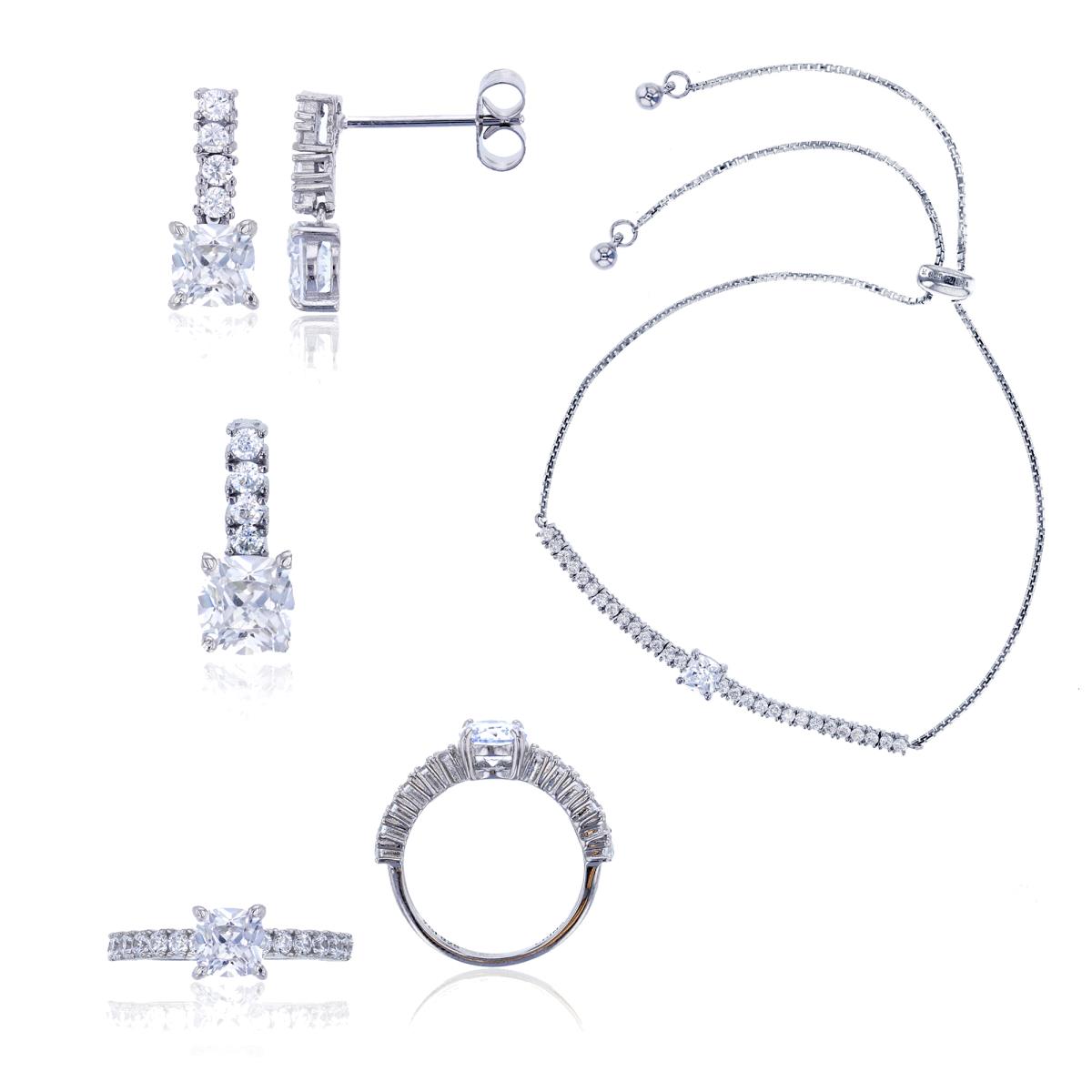 Sterling Silver Rhodium 5mm Cushion Cut Jewelry Set (Bracelet, Earring, Ring and 18" Necklace)
