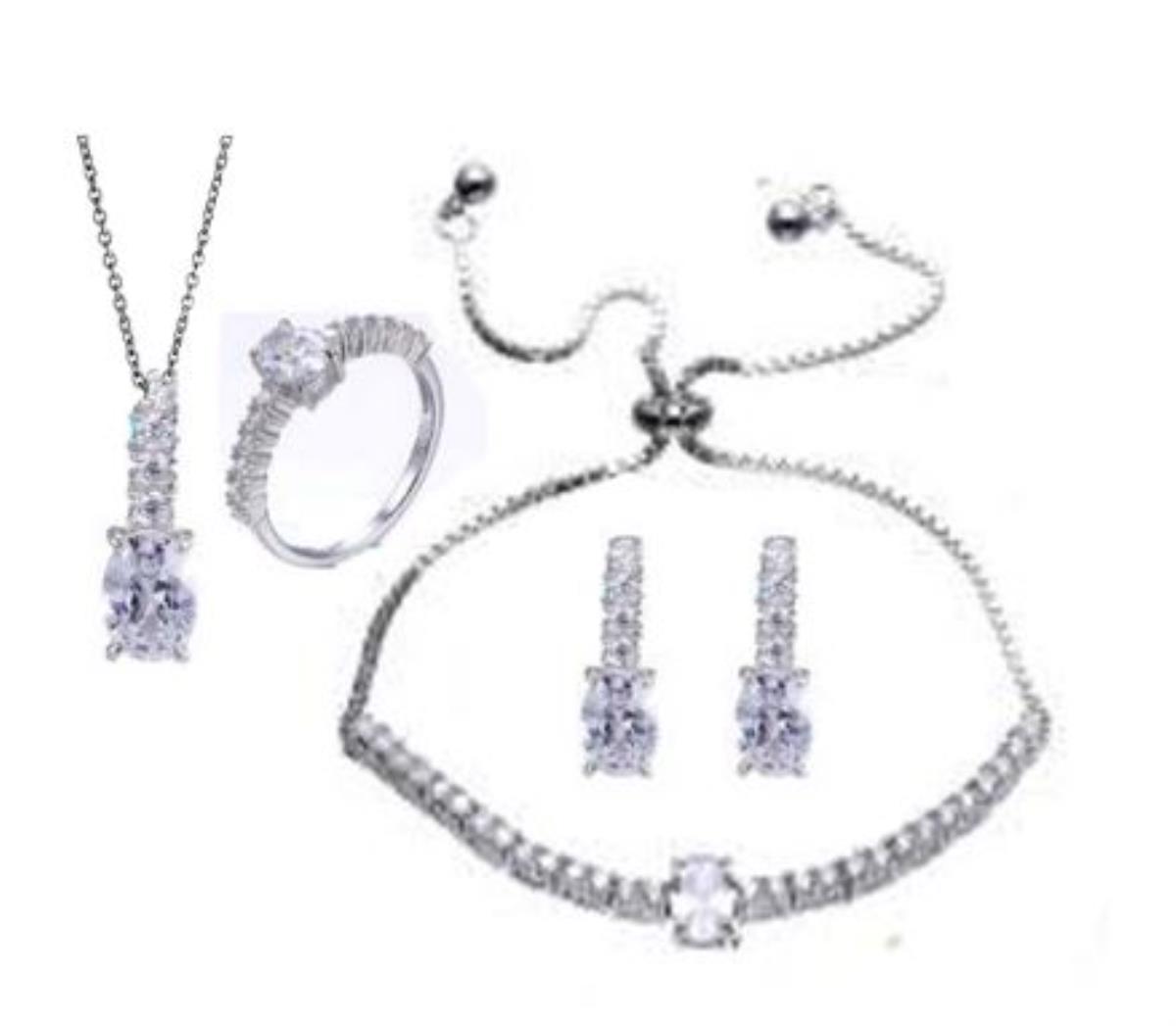 Sterling Silver Rhodium 5X7mm Oval Cut Jewelry Set (Bracelet, Earring, Ring and 18" Necklace)