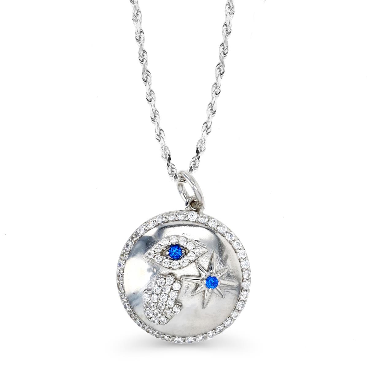 Sterling Silver Rhodium 22X16MM Polished White CZ & 113Blue Hamza/Evil Eye & Star Medal 18''+2'' Singapore Chain Necklace