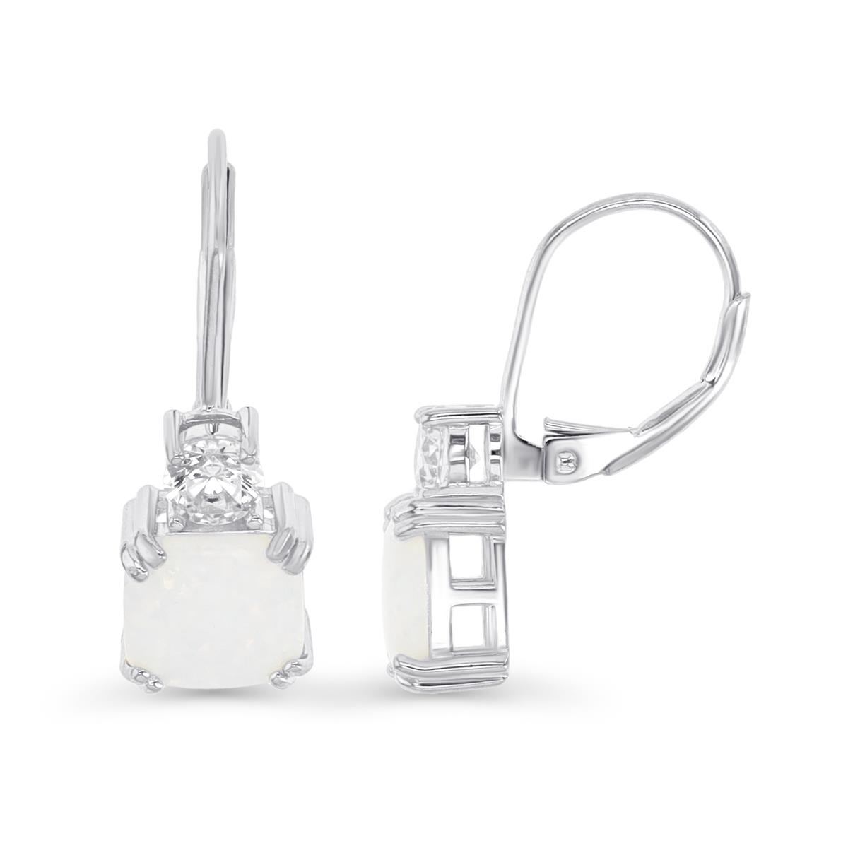 Sterling Silver Rhodium & 8X8mm CU Ct. Created White Opal and White CZ Lever Back Earring
