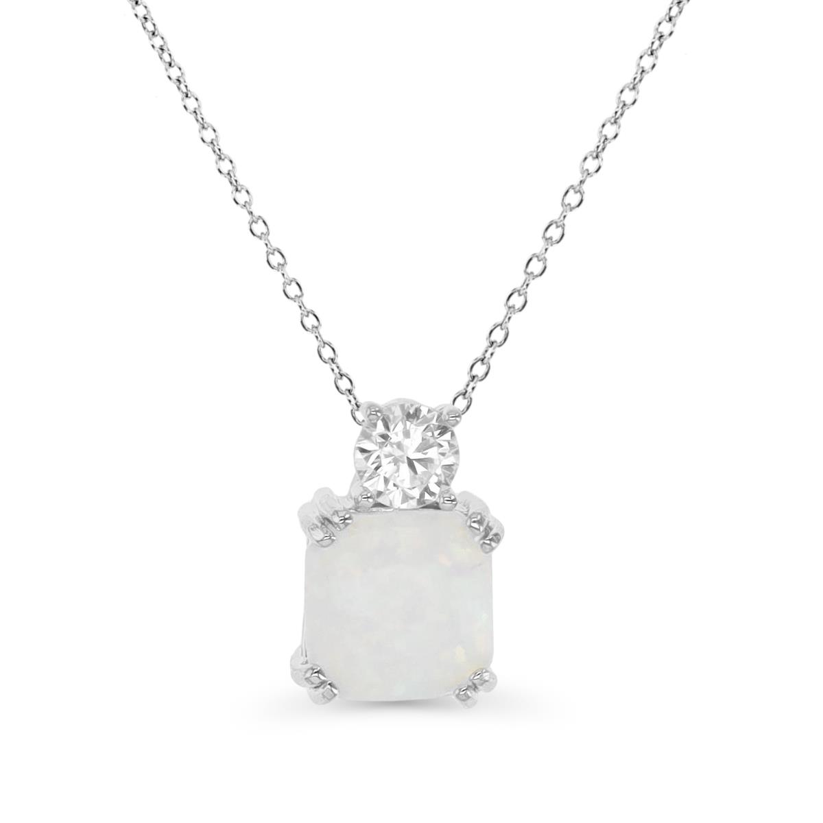 Sterling Silver Rhodium & 8X8mm CU Ct. Created White Opal and White CZ 16+2" Necklace