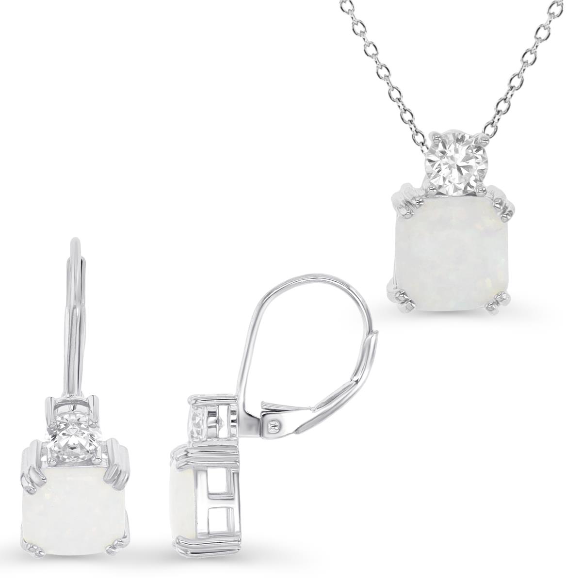 Sterling Silver Rhodium & 8X8mm CU Ct. Created White Opal and White CZ Earrings & Necklace Set