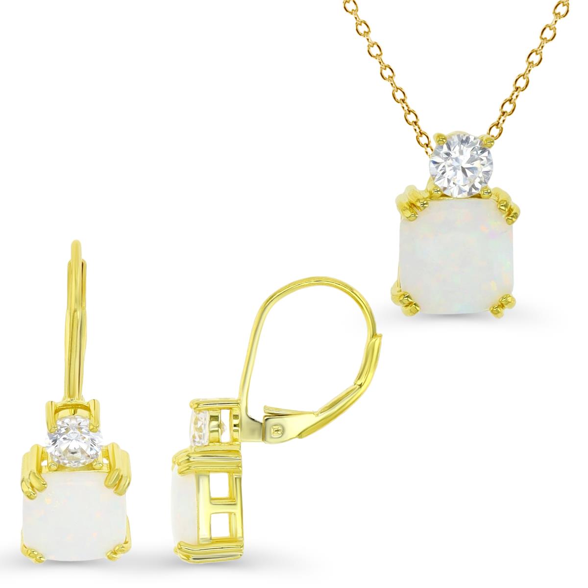 Sterling Silver Yellow 1M & 8X8mm CU Ct. Created White Opal and White CZ Earrings & Necklace Set