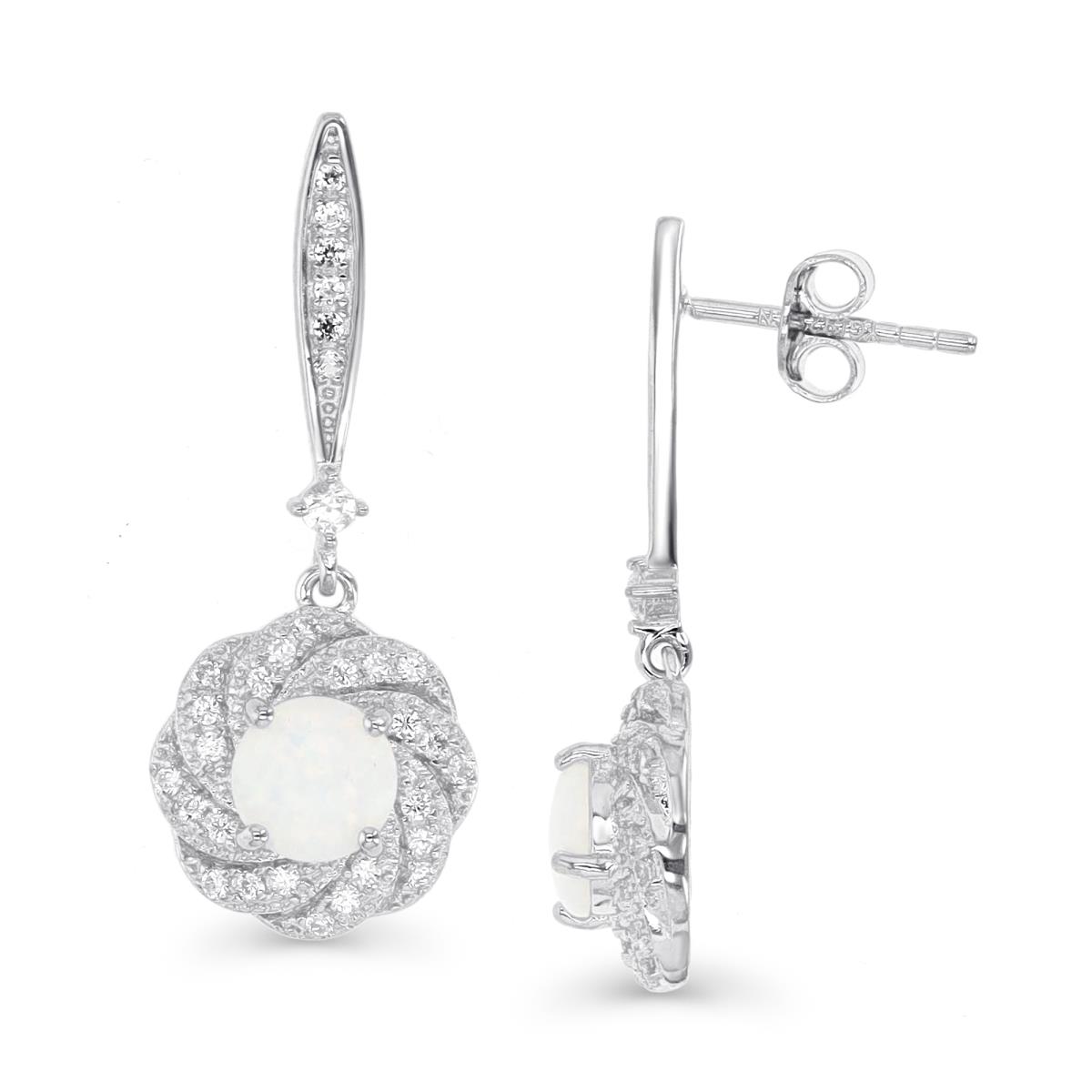 Sterling Silver Rhodium & 6MM Rd Cr. White Opal and White CZ Floral Dangle Earring 