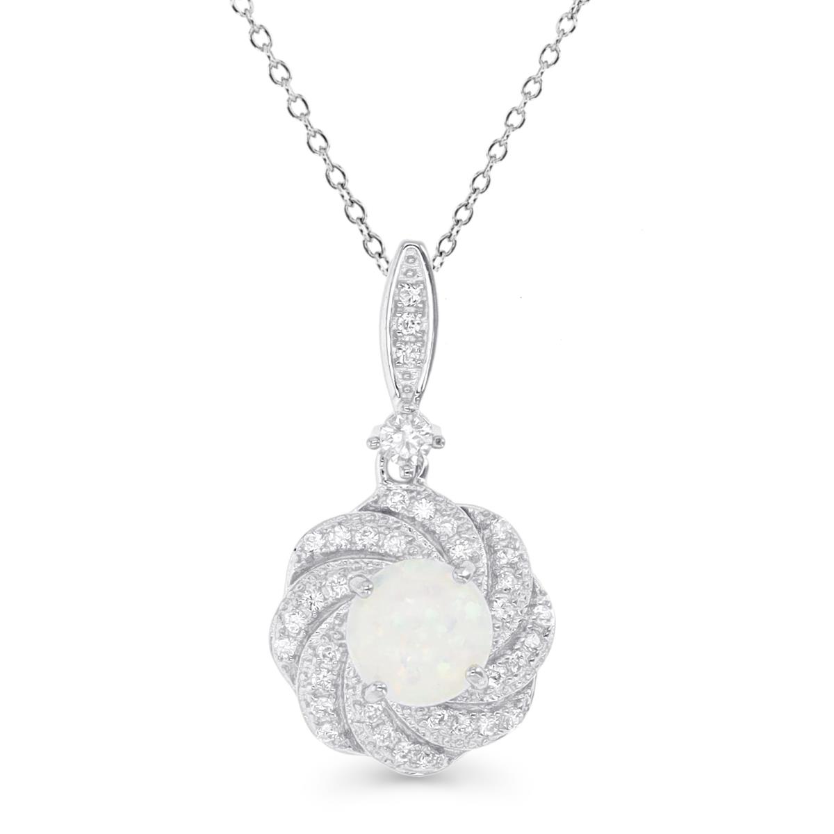 Sterling Silver Rhodium & 7MM Rd Cr. White Opal and White CZ Floral 16+2" Necklace 