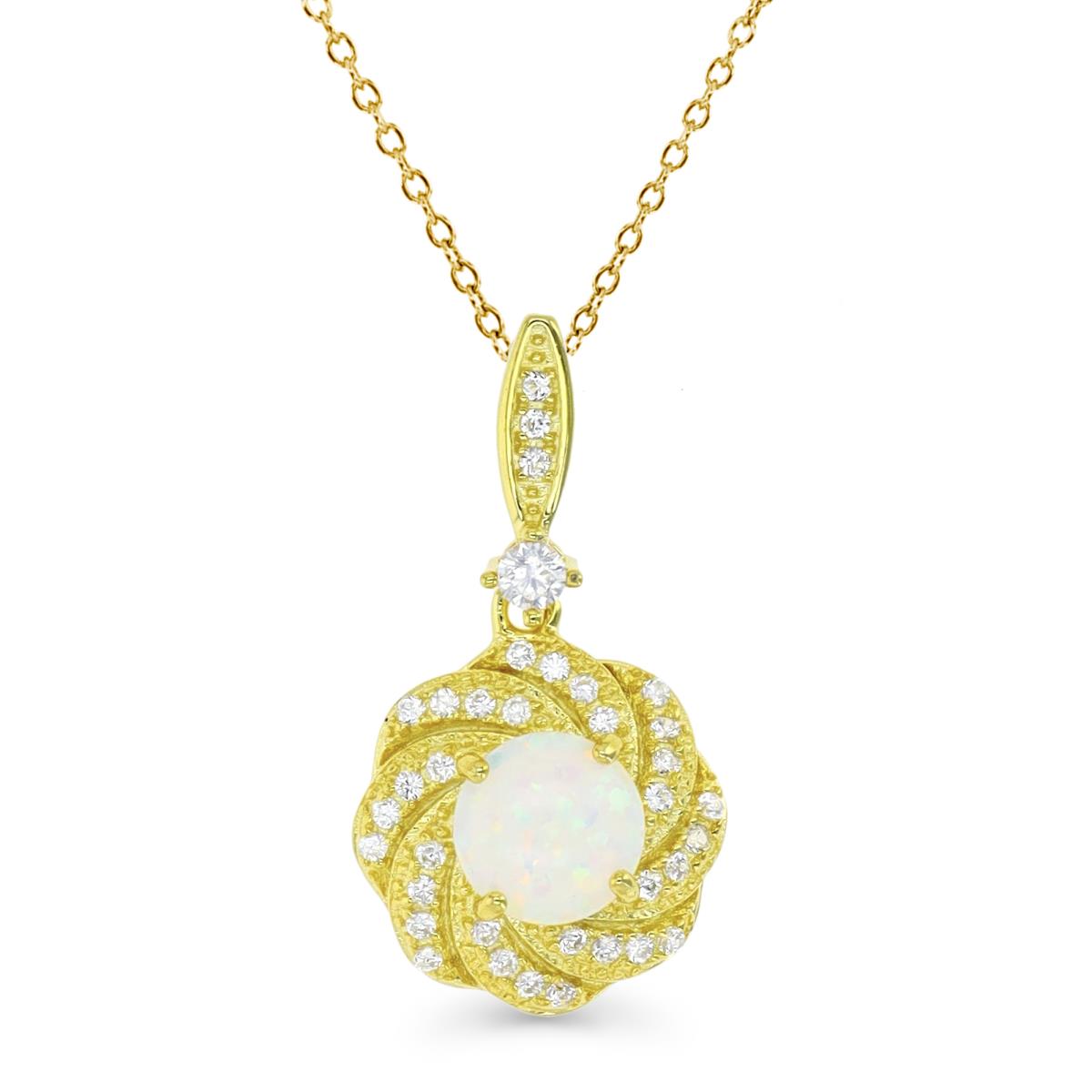 Sterling Silver Yellow 1M & 7MM Rd Cr. White Opal and White CZ Floral 16+2" Necklace 