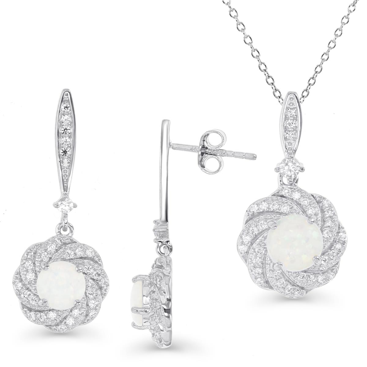 Sterling Silver Rhodium & Rd Cr. White Opal and White CZ Floral Earrings and Necklace Set