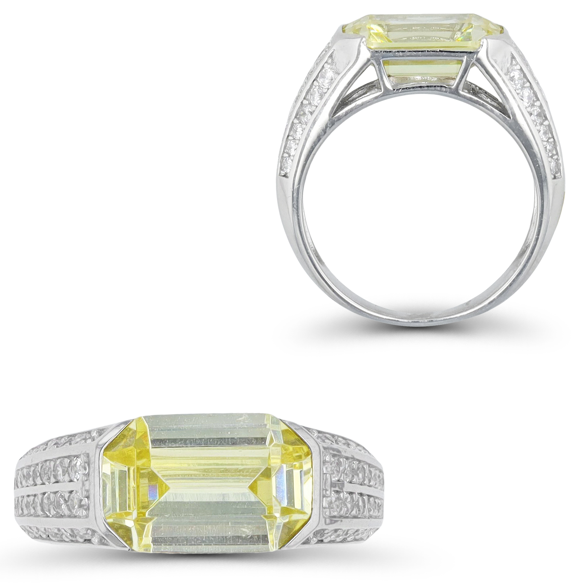 Sterling Silver Rhodium 13X8MM Polished Rd White CZ  &  Emerald Cut Canary Engagement Ring