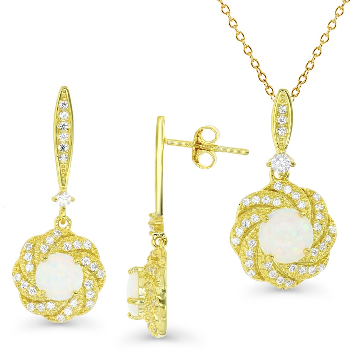 Sterling Silver Yellow 1M & Rd Cr. White Opal and White CZ Floral Earrings and Necklace Set