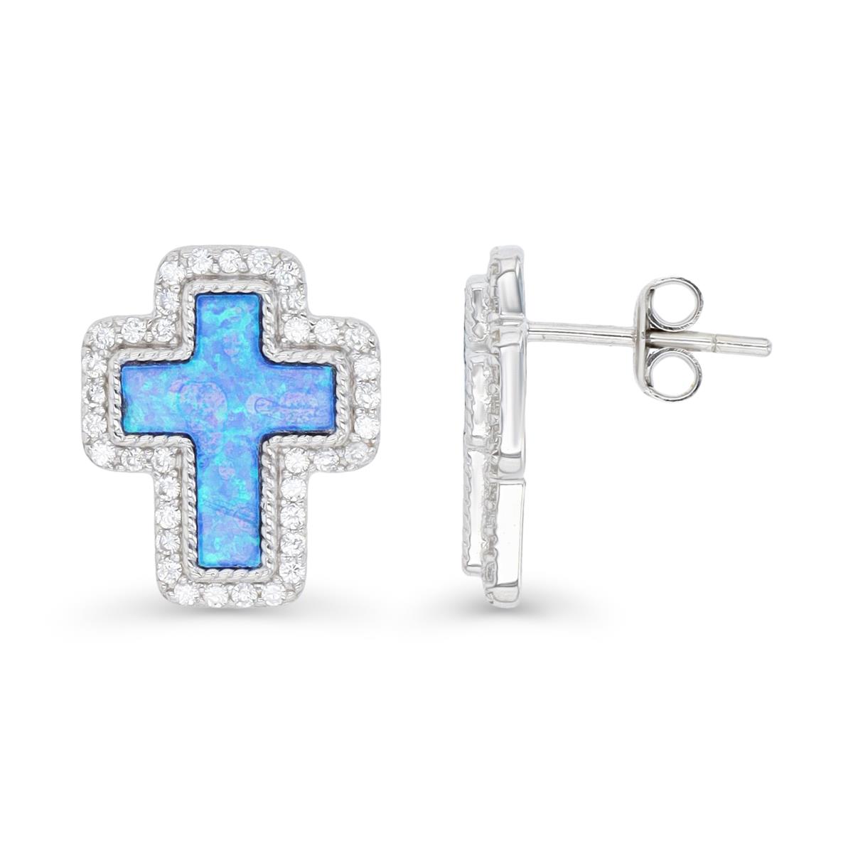 Sterling Silver Rhodium & Cr. Blue Opal and White CZ Cross Stud Earring