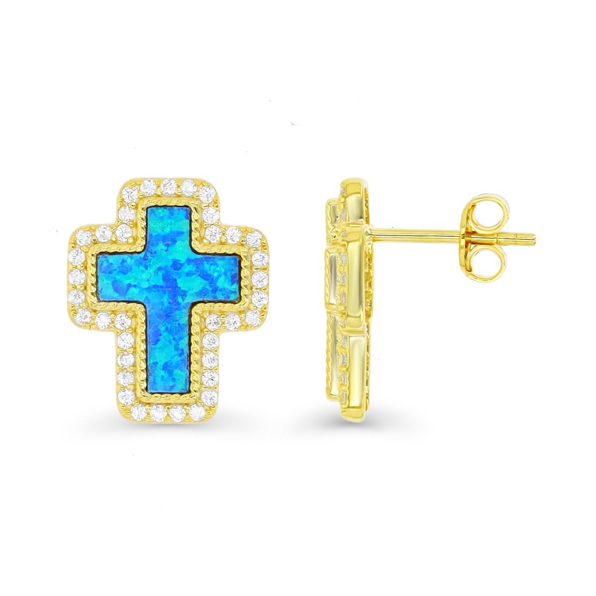Sterling Silver Yellow & Cr. Blue Opal and White CZ Cross Stud Earring