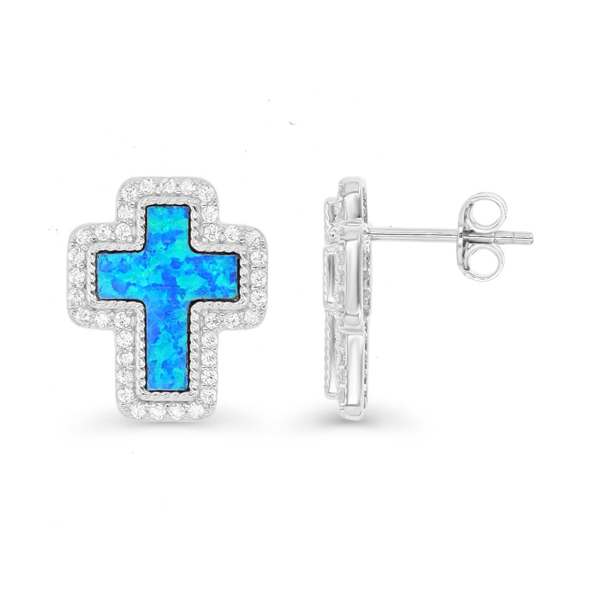 Sterling Silver Rhodium & Cr. Blue Opal and Cr. White Sapphire Cross Stud Earring