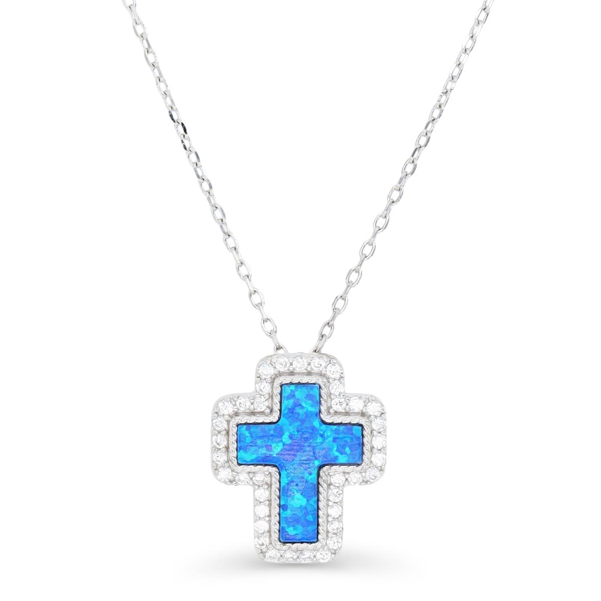 Sterling Silver Rhodium & Cr. Blue Opal and White CZ Cross 16+2" Necklace