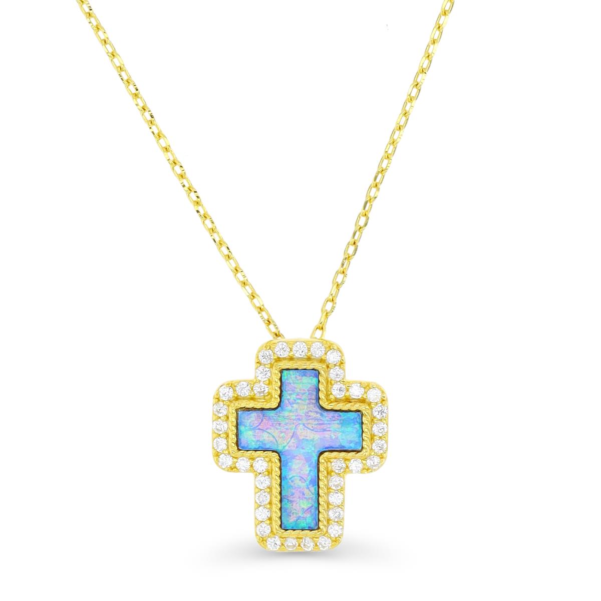 Sterling Silver Yellow & Cr. Blue Opal and White CZ Cross 16+2" Necklace