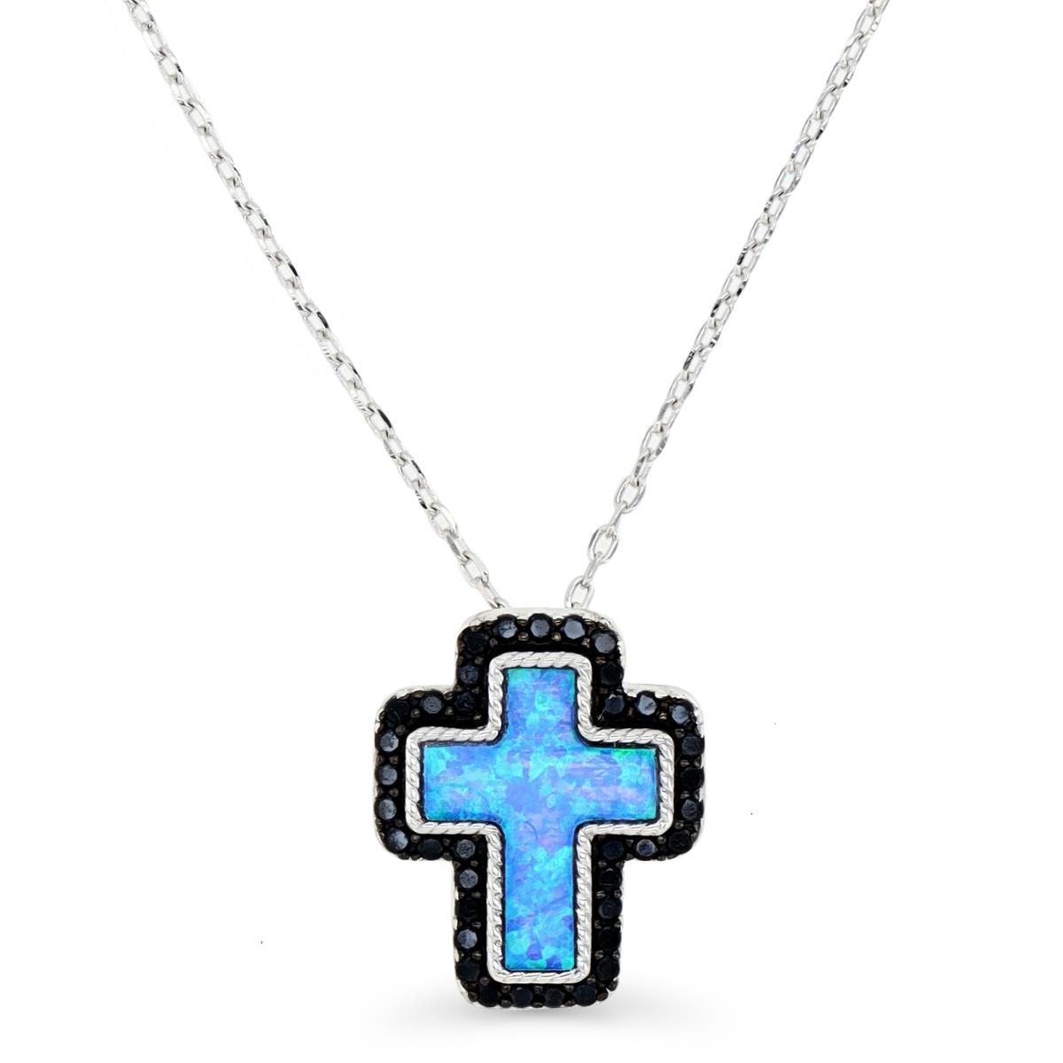  Sterling Silver Rhodium and Black & Cr. Blue Opal and Black Spinel Cross 16+2" Necklace