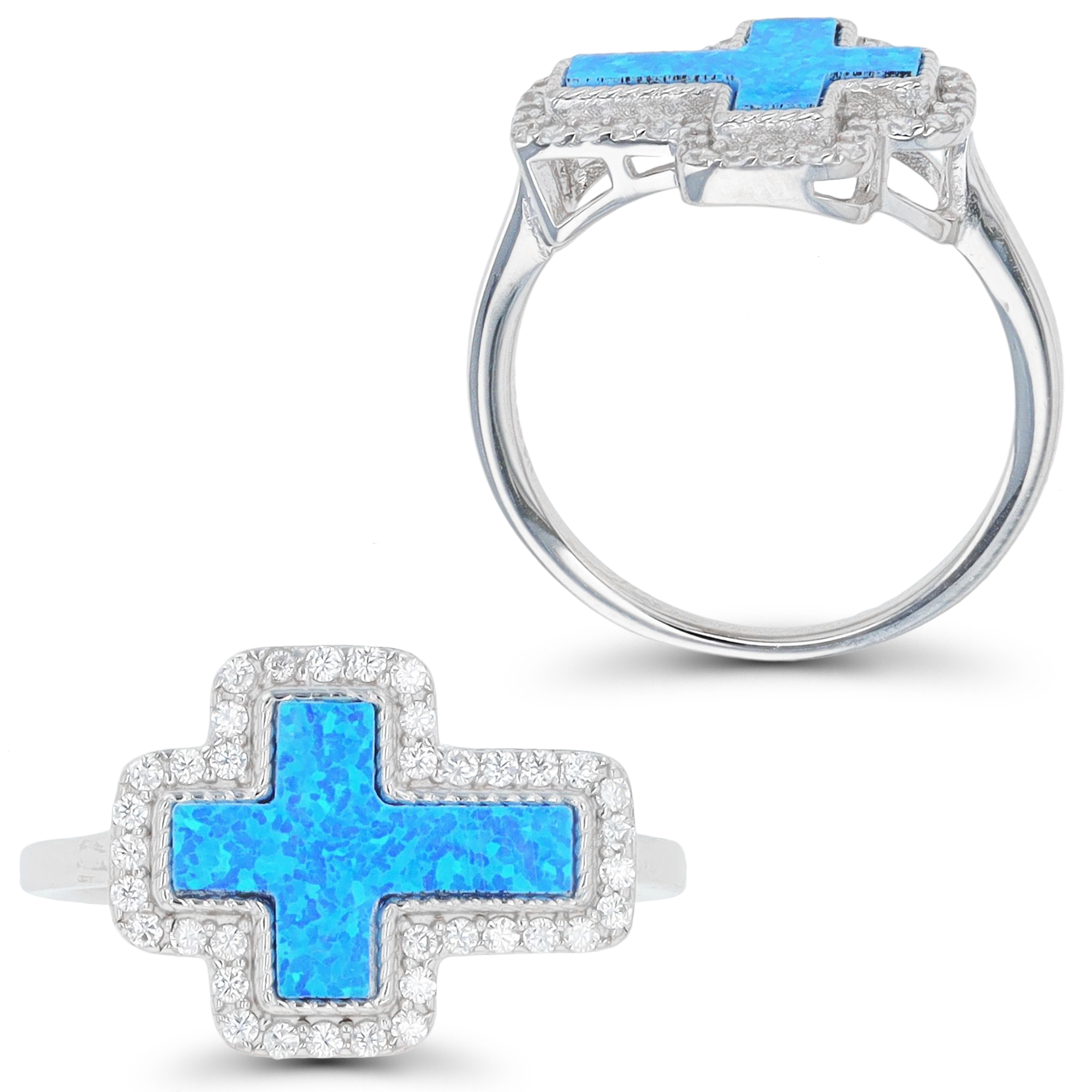 Sterling Silver Rhodium & Cr. Blue Opal and White CZ Cross Ring