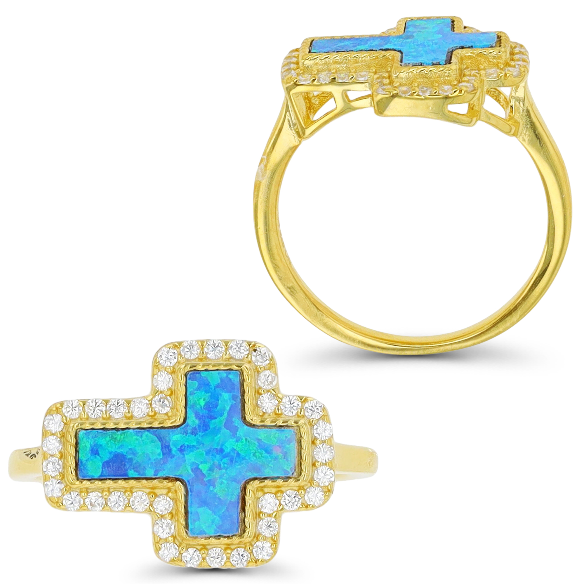 Sterling Silver Yellow 1M & Cr. Blue Opal and White CZ Cross Ring