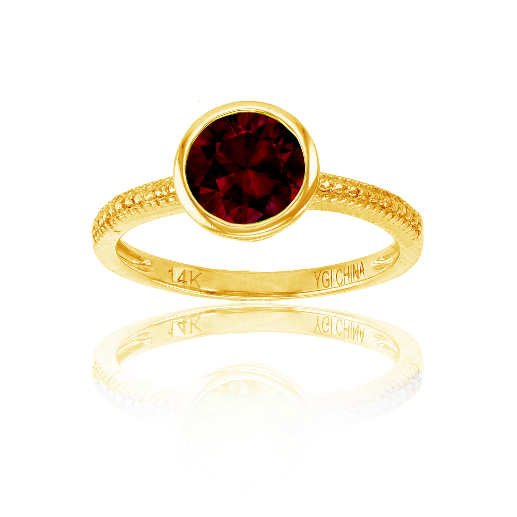 10K Yellow Gold & 7mm Rd Garnet Bezel Beaded Ring