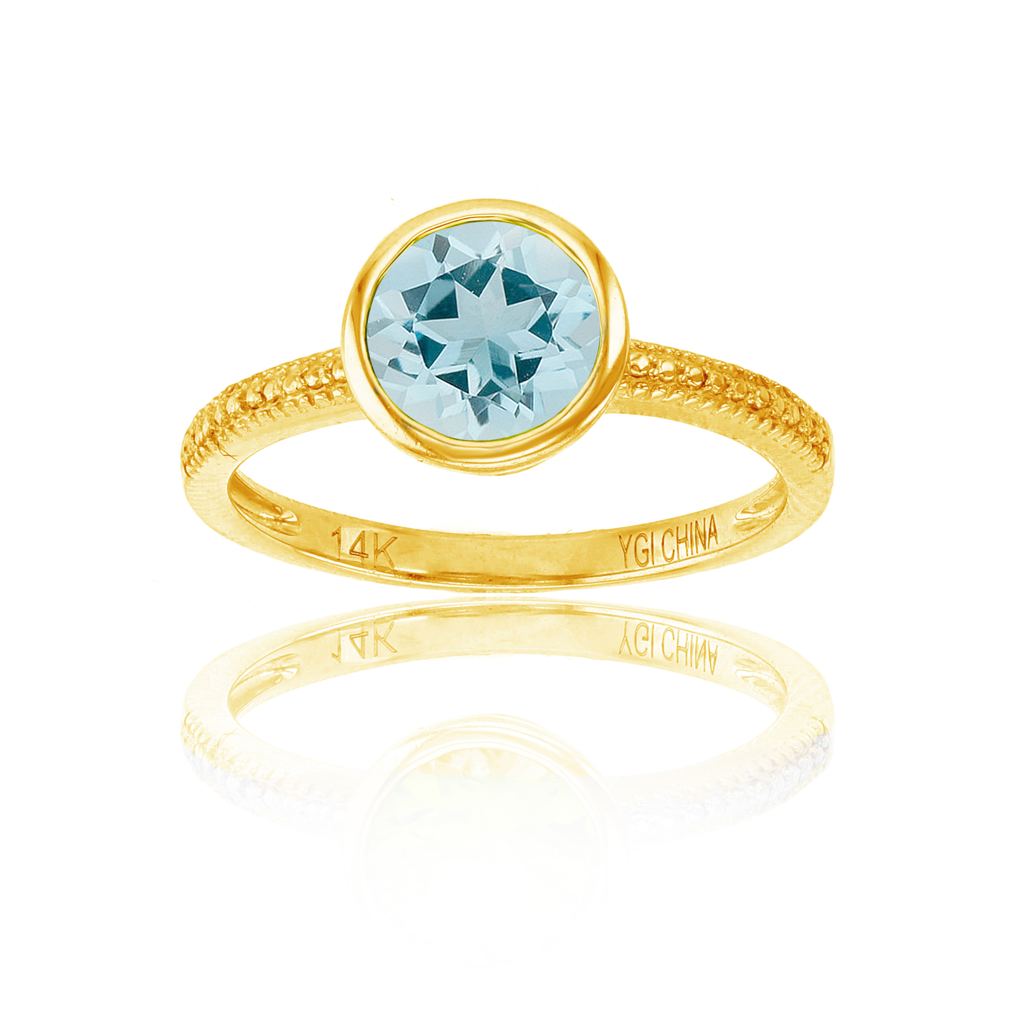 10K Yellow Gold & 7mm Rd Aquamarine Bezel Beaded Ring