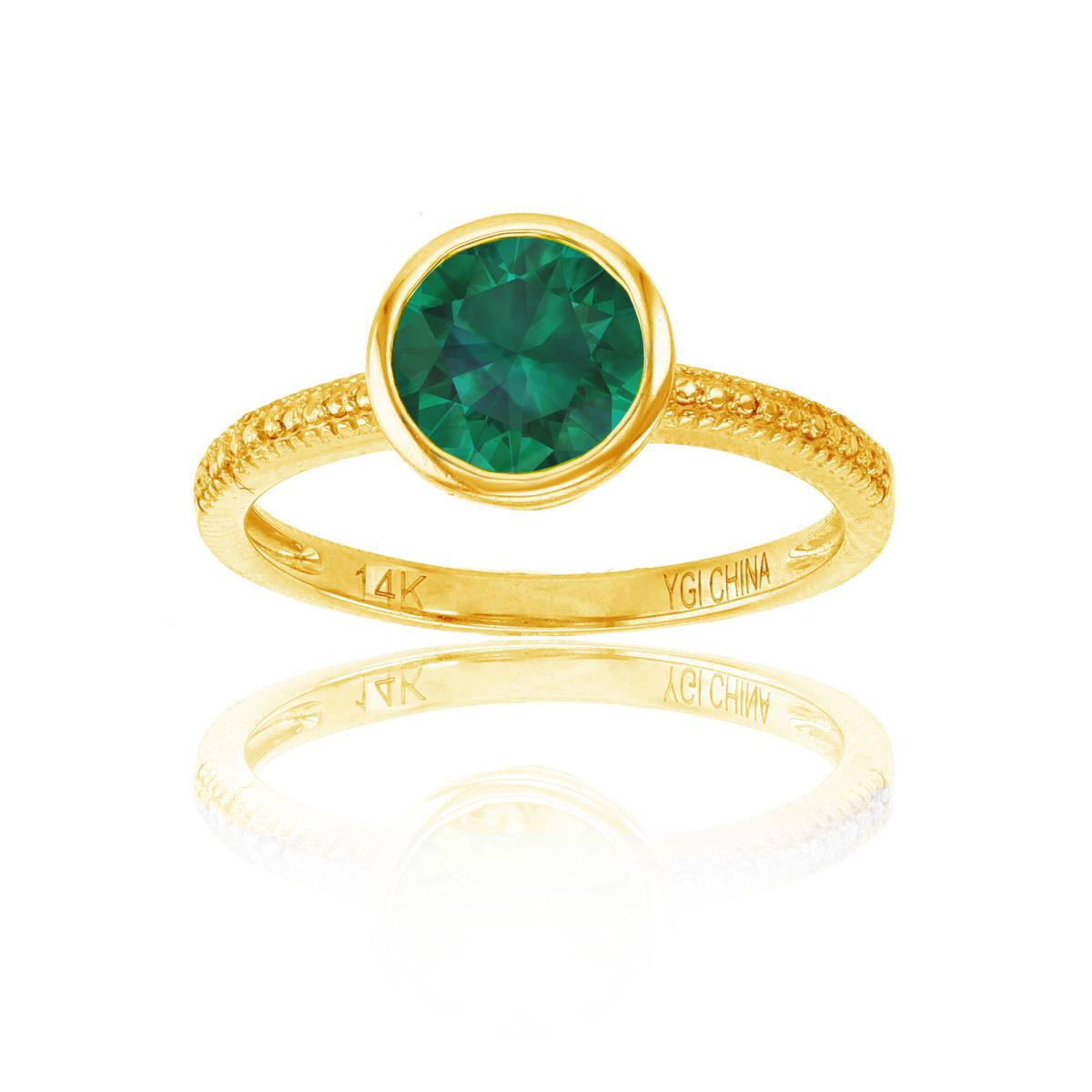 10K Yellow Gold & 7mm Rd Created Emerald Bezel Beaded Ring