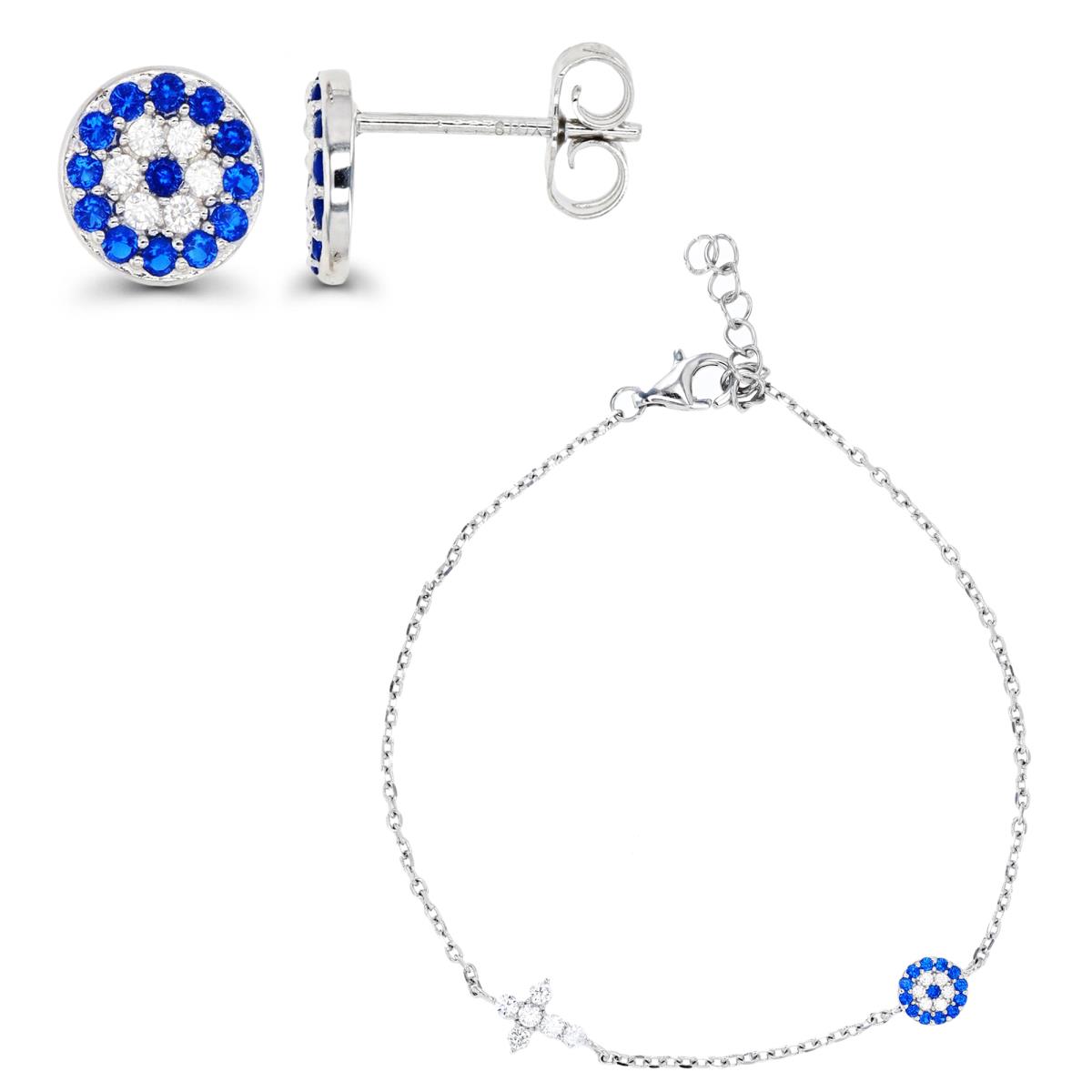 Sterling Silver Rhodium 8;43.5X7.3  #113 Blue and White CZ Cross and Evil Eye Bracelet & Stud Earring Set 8 Set