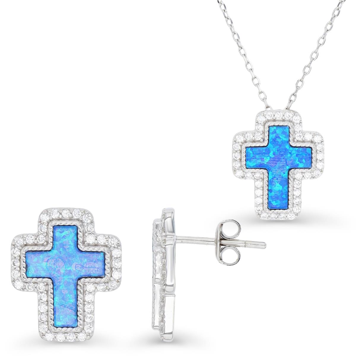 Sterling Silver Rhodium & Cr. Blue Opal and White CZ Cross Earrings and Necklace Set