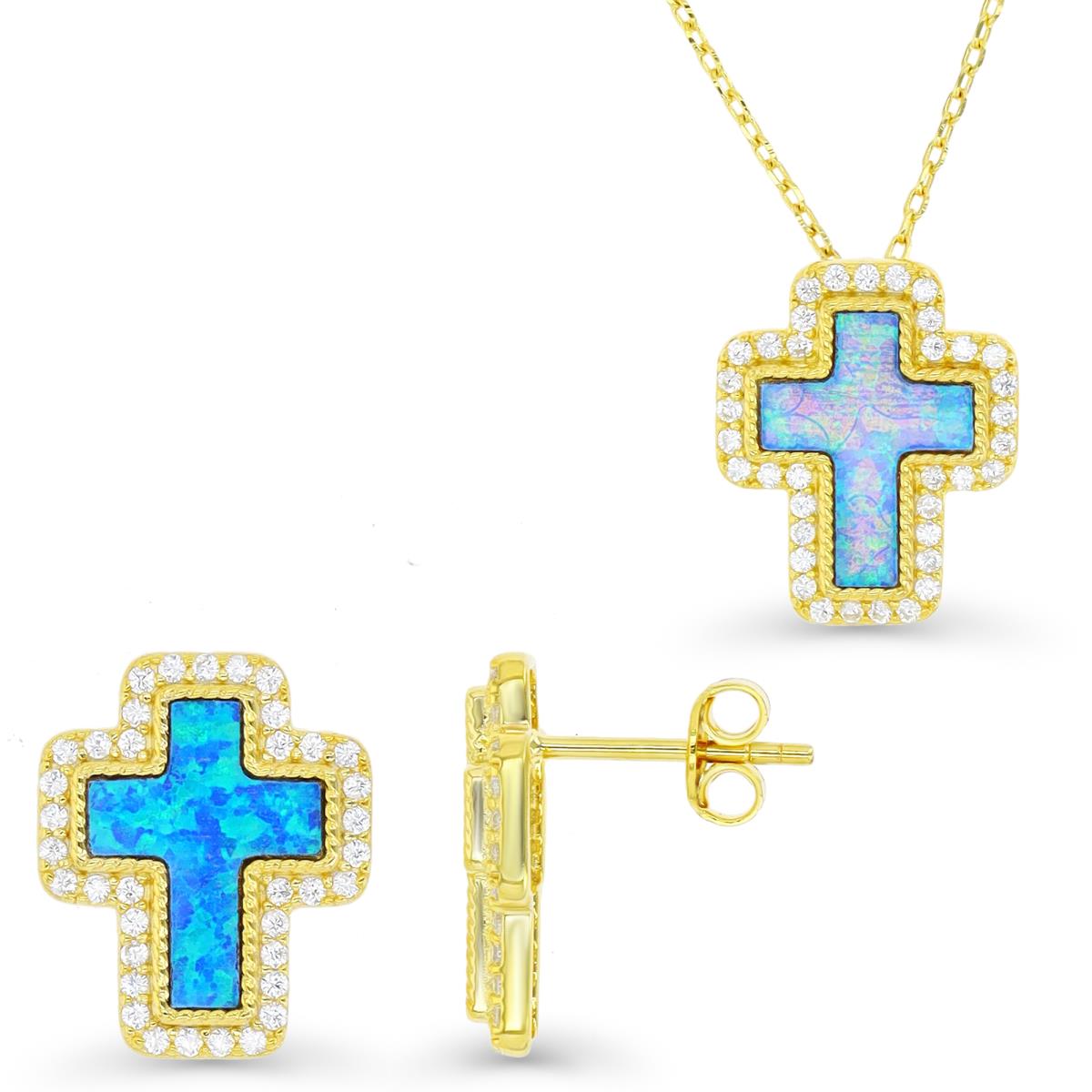 Sterling Silver Yellow 1M & Cr. Blue Opal and White CZ Cross Earrings and Necklace Set