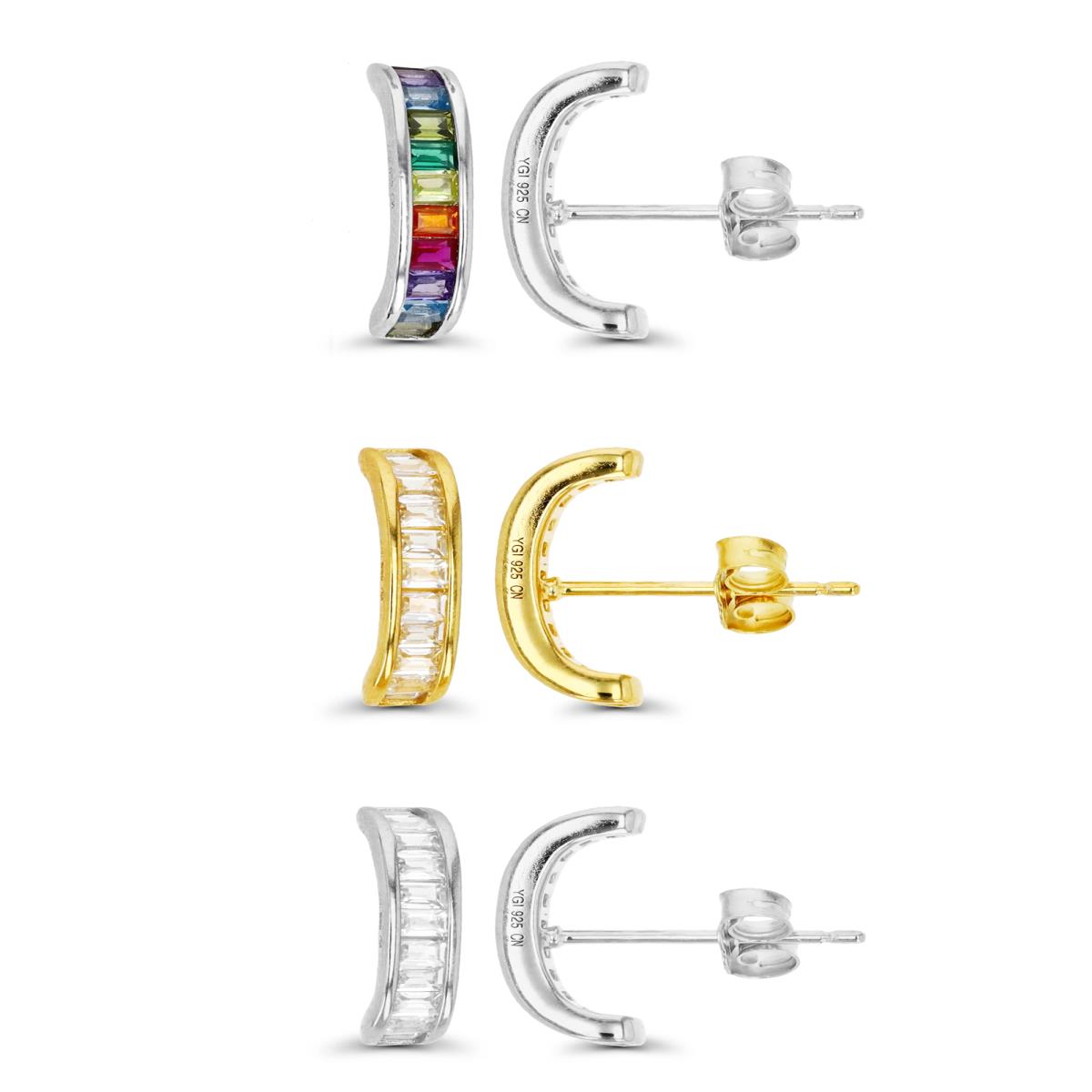Sterling Silver Yellow & White 13.5X3;13.5X3;13.5X3& White & Multi Color BGT CZ Channle Set Half Hoop Stud Earring  Set