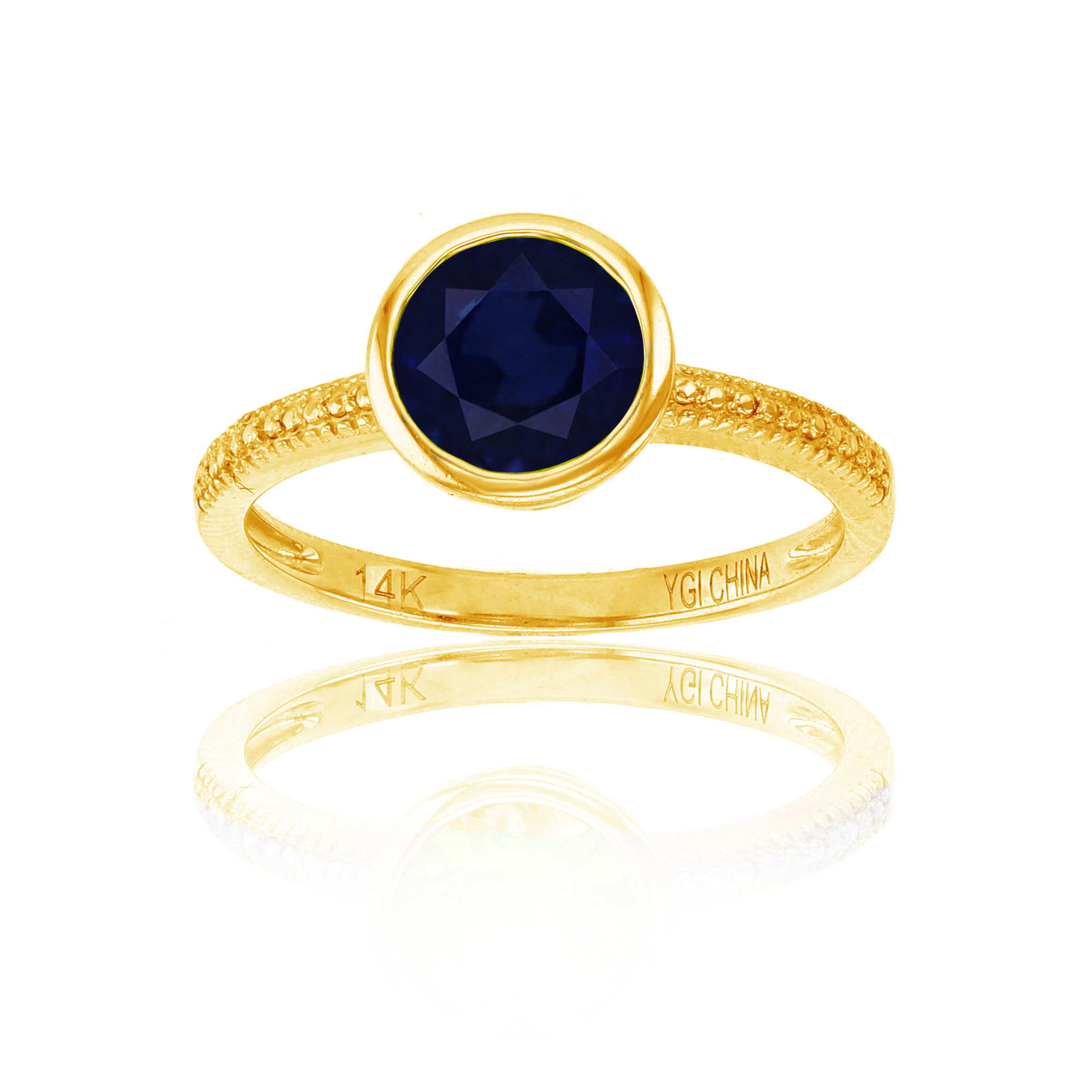 10K Yellow Gold & 7mm Rd Created Blue Sapphire Beaded Ring