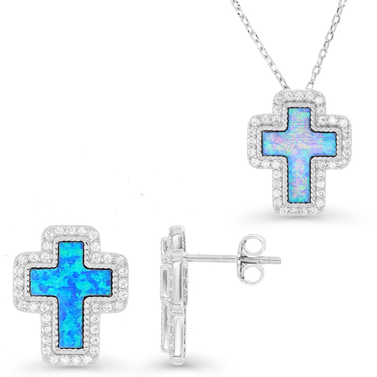Sterling Silver Rhodium &  Cr. Blue Opal and Cr. White Sapphire Cross Earrings and Necklace Set