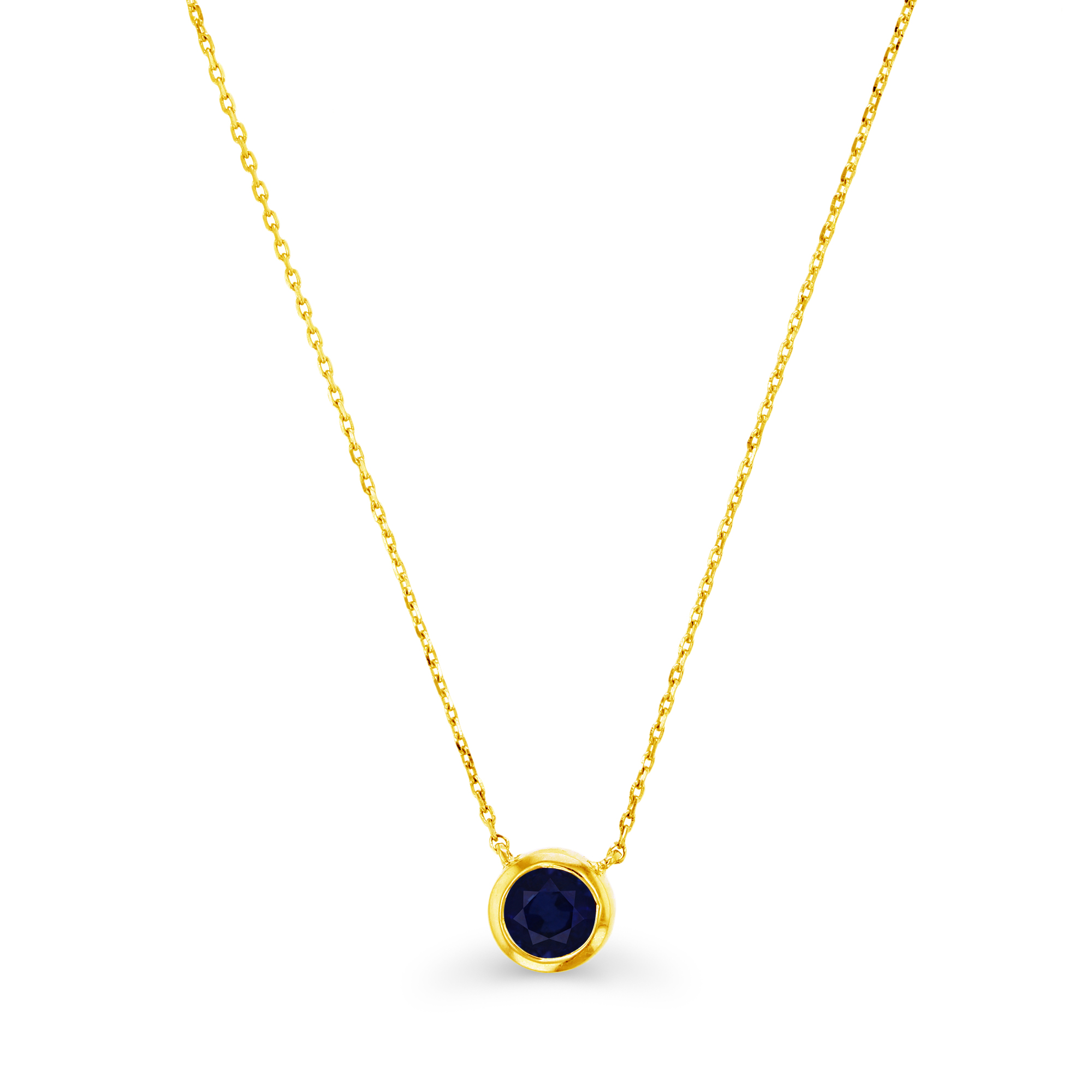 10K Yellow Gold & 5mm Rd Cr. Blue Sapphire Bezel Set Necklace