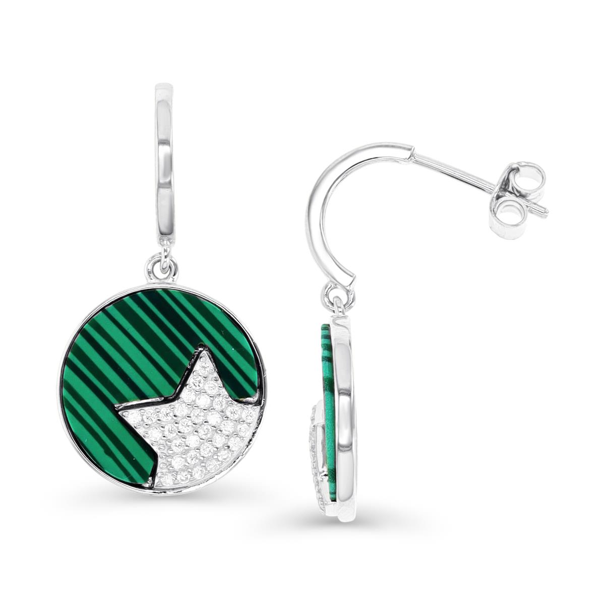 Sterling Silver Rhodium & Simulated Malachite and White CZ Star Disc Drop Earring