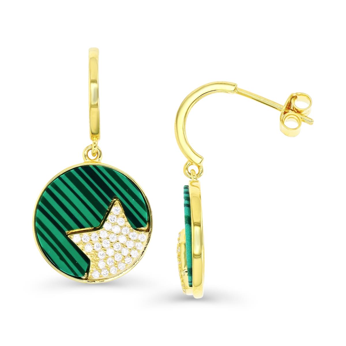 Sterling Silver Yellow 1M & Simulated Malachite and White CZ Star Disc Drop Earring