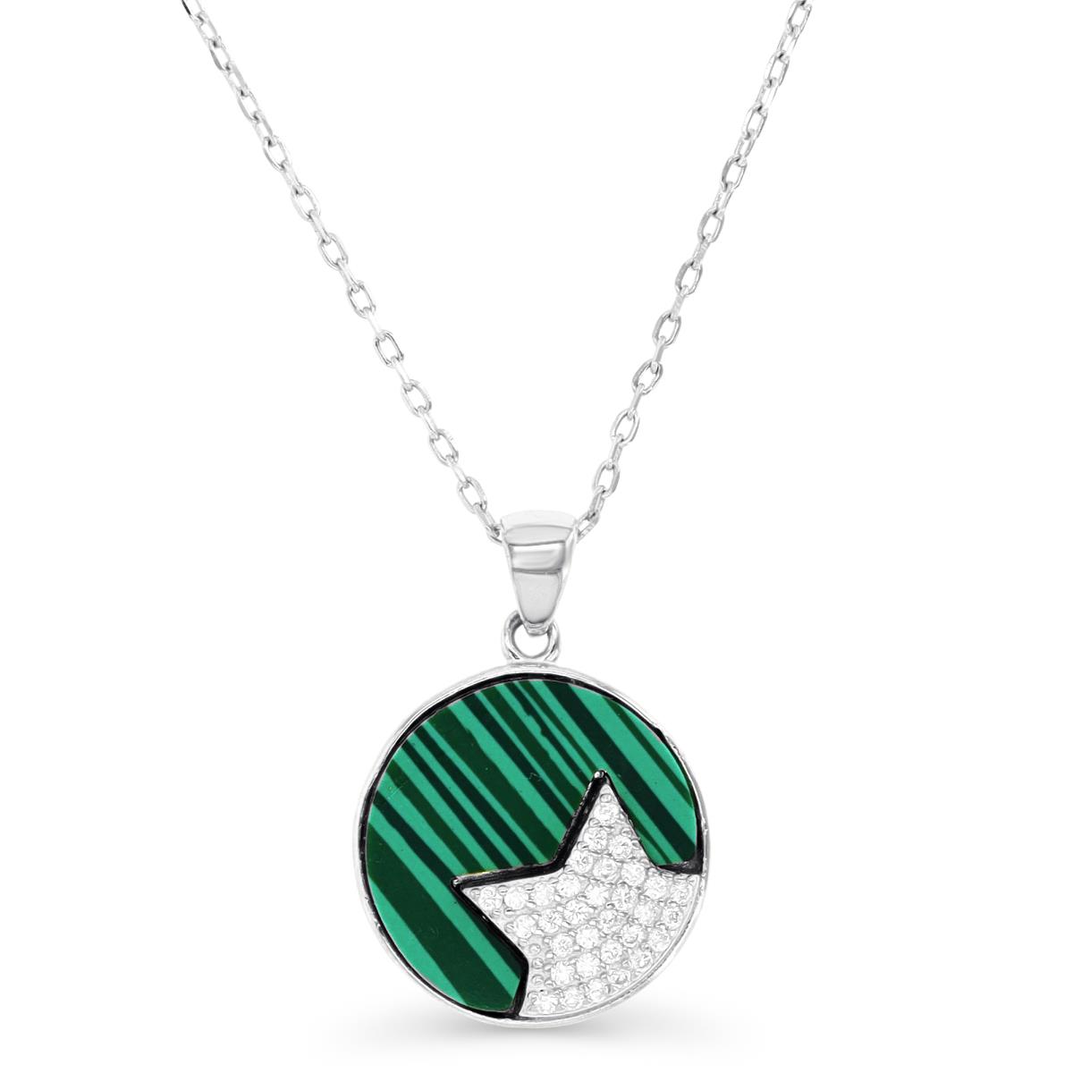 Sterling Silver Rhodium & Malachite and White CZ Star Disc 18+2" Necklace