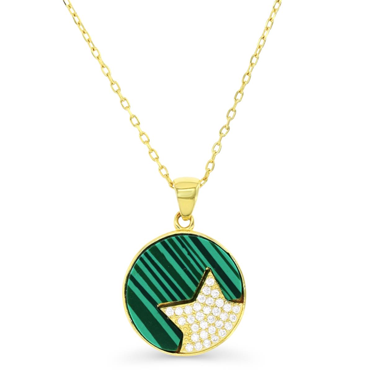 Sterling Silver Yellow & Malachite and White CZ Star Disc 18+2" Necklace
