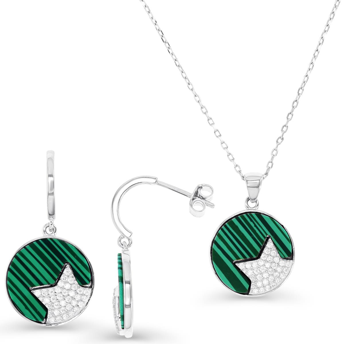 Sterling Silver Rhodium & Malachite and White CZ Star Disc Drop Earrings and Necklace Set