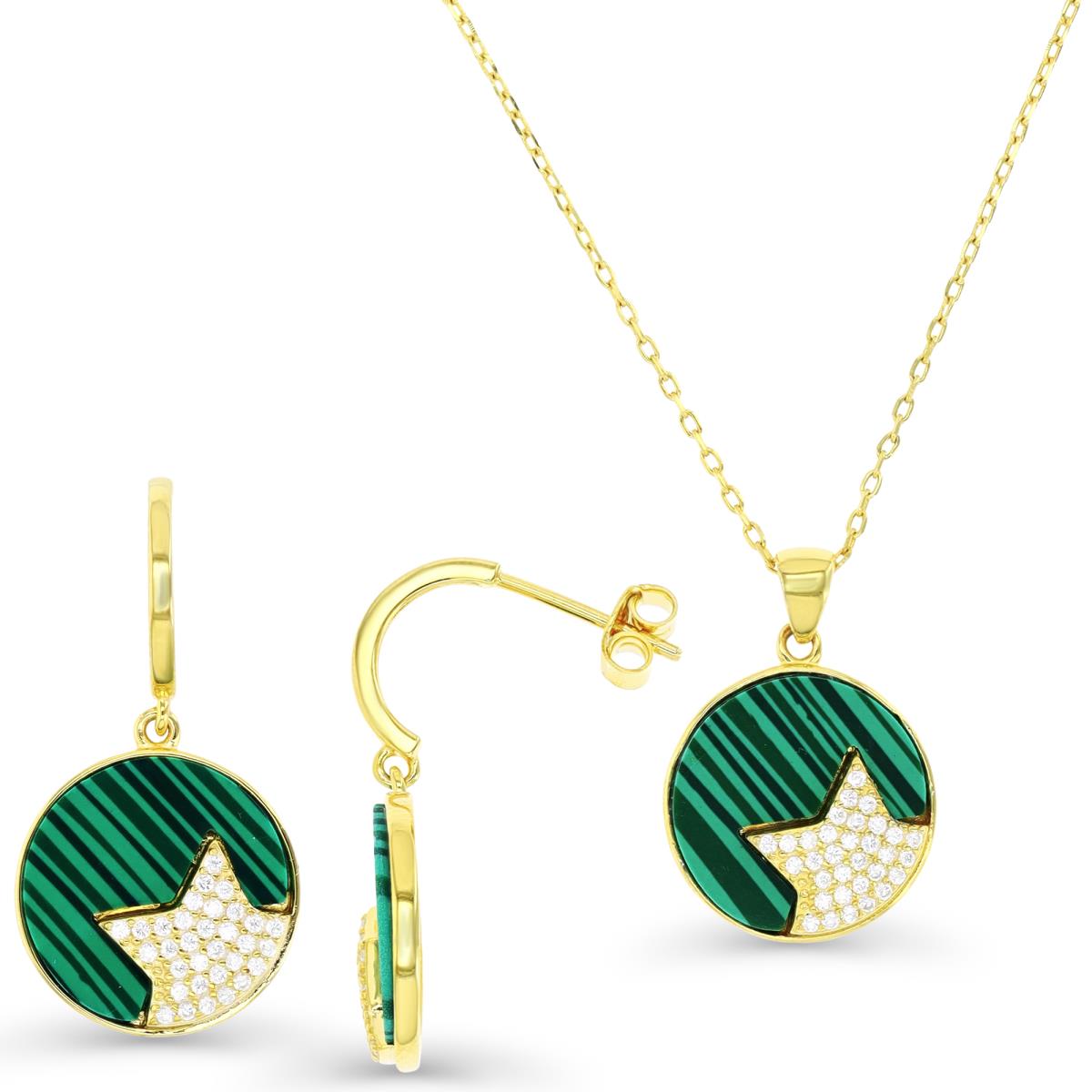 Sterling Silver Yellow & Malachite and White CZ Star Disc Drop Earrings and Necklace Set