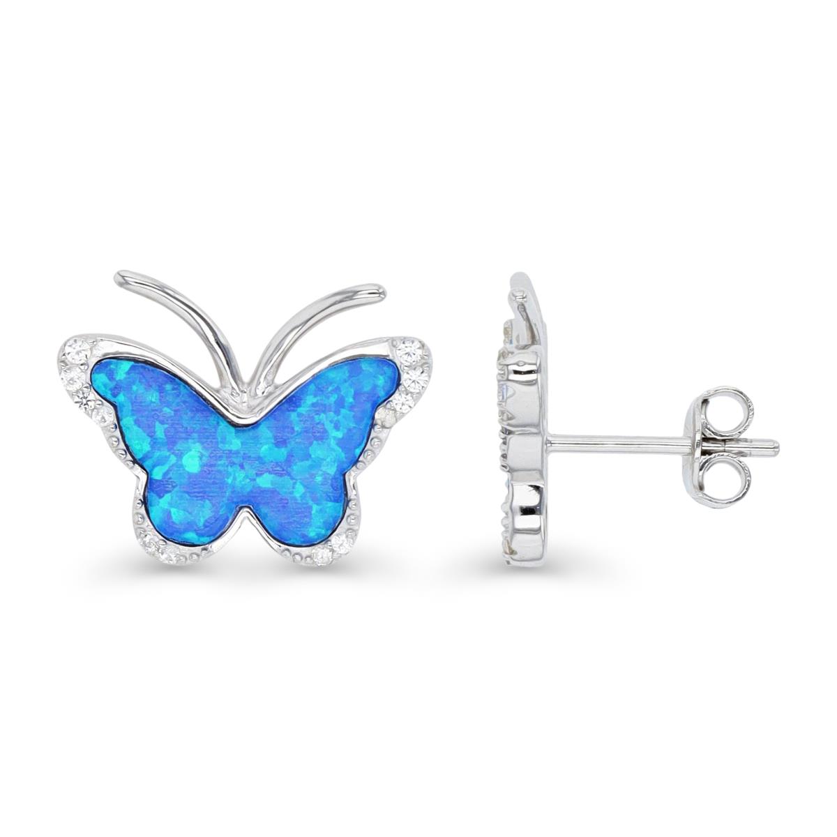 Sterling Silver Rhodium & Cr. Blue Opal and White CZ Butterfly Stud Earring