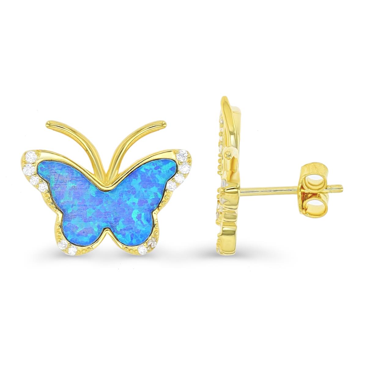 Sterling Silver Yellow & Cr. Blue Opal and White CZ Butterfly Stud Earring